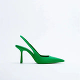Breakj 2023 New Pointed Thin Heel Single Shoes Behind The Empty Bag Head Sandals High Heel Shoes Green Women