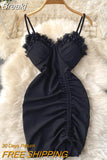 Women Spaghetti Strap V-neck Mini Party Dress Fashion Summer Sleeveless High Waist Drawstring Ruched Bodycon Club