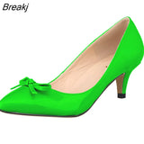 Women Sexy Low Mid Kitten Heels Shoes PU Patent Leather Pointed Toe Work Pumps With Bowknot wedding shoes