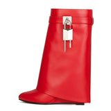 Lock Buckle Women's Mid Calf Boots Punk Style Round Toe High Heel Western Boots Luxury Designer Wedges Women's Short
