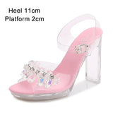 2023 Summer New Sandals Women Fashion Rhinestones Square Heel Transparent Women Shoes High Heels11cm Female Party