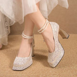 2023 Luxury Glitter Sequins Pumps Women Pearls Strap Bling Wedding Party Shoes Woman Square Toe High Heels Shoes
