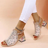 Women Summer Glitter Sandals Rhinestone Sandals Ladies Buckle Strap Round Toe Bling Med Heel Shoe Sandals for Women