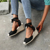 Women's Espadrille Ankle Strap Wedges Sandals Ladies Slippers 2023 Summer Woman Flax Hemp Canvas Casual Pumps Shoes