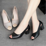 Leather Comfortable Ladies Mid Heel Sandals Women Shoes Hollow Peep Toe Square Heel Sandals Woman