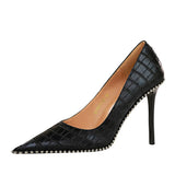 Breakj Retro Stone Grain High Heels Women's Shoes Heel High Heel Shallow Pointed Metal Beads Rivet Women's Singles