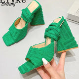 Fashion Triangle High Heels Gladiator Sandals Women Summer Corduroy Square Toe Ankle Lace-Up Lady Party Dress Shoes