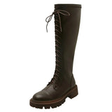 Autumn Winter Brown Knee High Boots Women Pu Leather Platform Long Boots Woman Lace Up Thick Heels High Tube