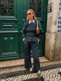 Plaid Print 2 Piece Sets Women Elegant Long Sleeve Ruffled Casual Shirts And Trousers Set High Street Ladies