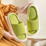 Sole Home Linen Slippers Women Open Toe Thick Bottom Indoor Slides House Shoes Woman Four Season Non Slip Couple