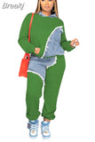 Fall Winter Casual Hoody Two Piece Sets Women Outfits Fashion Denim Splicing Long Sleeve Pullover And Pants