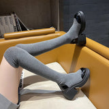 Autumn Winter Stretch Over The Knee Boots for Women Thick Heels Knitted Sock Boots Woman Slip On Platform Long