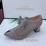 Women's Hollow Mesh Shoes 2023 Summer Women Pumps Fashion Rhinestone Square Heel Pointed Toe Zipper Bow Women Sandals Plus