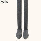 Slim Leg Thigh High Sock Boots Women Cozy Gray Stretch Fabric Pointed Toe Flat Heels Over The Knee Slip On Shoes