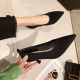 Heel Stretch Knitted Pumps Shoes Women's Shallow Flats High Heels Dress Shoes Pointed Toe Mesh Breathable Cozy