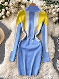 Sexy Zipper up Stand Collar Long Sleeve Knit Sweater Dress Women Elegant Color Block Slim Bodycon Party Club Mini