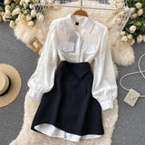 Women 2 Piece Set Elegant Turn down Collar Long Sleeve Buttons Short Shirt Dress and High Waist A-line Mini Skirt