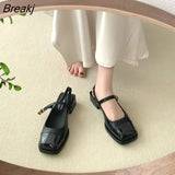 Flat Shoes Women Leather Shoes Square Toe Spring Autumn Single Shoes Mary Jane Black