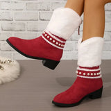 Winter Fur Warm Snow Boots Women Fashion Pearl Thick Heels Mid Calf Boots Woman Christmas Thicken Plush Cotton Padded
