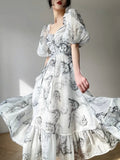 Floral Chiffon Dress Office Lady Elegant Casual Midi Dress Women Beach Short Sleeve Fashion Sundress Korean Summer