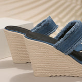 Denim Wedge High Heels Sandals Women Slip On Chunky Platform Slippers Woman Fashion Blue Thick Sole Slides Plus Size