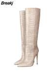 Custom Colors Pointed Women High Heel Boots Solid Color Crocodile Pattern Fine Heel Rubber Sole Madam Shoes Botas