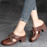Baotou Sandals Slippers Women's Leather Outer Wear Thick Heels 2023 Summer Mid-heel Ladies Sandals Fashion Half
