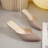 Half Drag Women's Summer Wear New Korean Thick Heel Pointed Sequin Fashion Crystal Heel