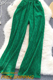 Women Green Long Pants High Elastic Waist Pockets Wide Leg Trousers Plaid Casual Female Autumn Winter Bottoms