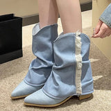 Toe Pleated Cowboy Boots for Women Fashion Tassel Thick High Heels Mid Calf Boots Woman Slip On Blue Denim Botas