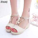 Summer Ladies Platform Wedge Sandals with Rhinestone Red Beige Casual Comfortable Slope Heel Open Toe Shoes Women's