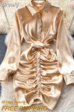 Chic Women Satin Dress 2023 Fashion Spring Summer Turn-down Collar Long Sleeve Buttons Ruched Mini Bodycon Party