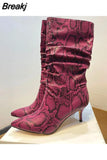 Women's Boots Snakeskin Print Pleated Mid Heel Party Shoes Pointed Toe Slip On Sexy Stiletto Women Motorcycle