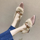 Winter New Women Pointed Toe Rivet Thick Heels Loafer Retro British Style Warm Casual Slip on Chunky Footware Women
