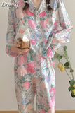 Women's Silk Long-sleeved Pajamas Sleepwear Suit Flower Printed High-grade Ice Silk Outside Home Wear Pijamas De