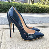 Women Navy Blue Patent Pumps Low Cut Pointy Toe Stilettos Elegant Ladies Formal Slip On High Heels Fashion Dress