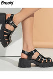 Chunky Heels Sandals 2023 Spring Summer Shoes Gothic Style Cool Fashion Walking Comfy Office Lady Woman Shoes