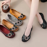 Summer New National Wind Leather Flower Single Shoes Beef Tendon Bottom Leisure Flat Bottom Women's Shoes Middle-Aged And