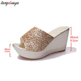 gold silver Sequine Platform Slippers Women Wedge Slides Slippers Summer Beach Slippers Casual Mules Heels