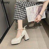 Plus Size High Heel Shoes for Women 2023 Autumn Pearl Chain Thick Heel Mary Jane Shoes Pumps Fashion Platform Dress