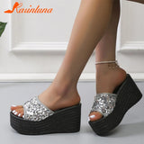 Wedge High Heeled Women Sandals New Arrived 2023 Bling Sequin Lady Slipper Peep Toe Comfort Walk Causal Sandals Plus