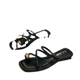 Women 2023 Summer New Fashion Square Toe Roman Shoes Simple Fairy Strap Women Shoes Flat Casual Shoe Sandalias De