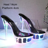 Women Catwalk Sexy Super High Heels Luminous Stiletto Platform Sandals Transparent Model Crystal Wedding Shoes