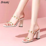 New Summer Luxury Rivet High Heels Thick Heel Square Toe High Heel Sandals Fashion All Match Women's Slippers ladies