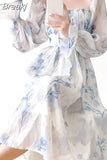 Summer French Elegant Floral Midi Dress Party Chiffon Vintage Fashion Dress Beach Long Sleeve Casual Dress Office Lady