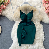 Beading Chain Spaghetti Strap Mini Dress Solid V-neck Sleeveless High Waist Ruffles Women Summer Club Party Bodycon