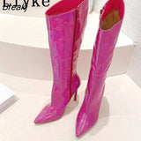 Sexy Party Nightclub Stripper Knee High Boots Female Green Smooth Patent Leather Pointed Toe Heels Women Shoes Zip