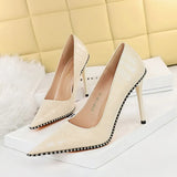 Breakj Retro Stone Grain High Heels Women's Shoes Heel High Heel Shallow Pointed Metal Beads Rivet Women's Singles