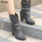 Winter Women's Boots Fashion Put-on High Heel Ankle Boots Pointed Toe Square-Heel Buckle Women's PU Boots Zapatos De