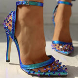 Brand Sexy Thin High Heels Party Summer Sandals Shoes Woman Pointed Toe Rivets PVC women's ankle-strap Lady